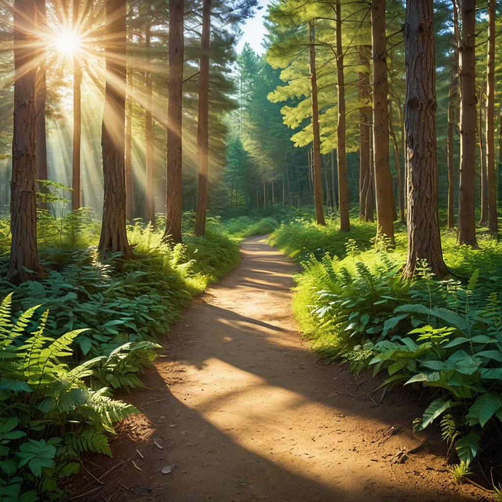 A serene, sunlit path through a dense forest, leading towards a bright, open clearing symbolizing financial clarity. Alongside the path, icons of cash, credit reports, and peaceful people advising each other suggest debt settlement and credit counseling. The whole image exudes a sense of hope and achievement. super-realistic. vibrant colors.