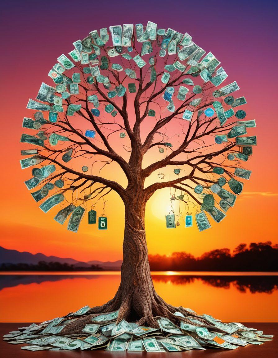 A thriving tree made of dollar bills and coins, its roots entangled with cut credit card fragments, and various financial tools like budgeting graphs and savings jars, symbolizing the growth from debt eradication to financial stability. sunset background. super-realistic. vibrant colors.