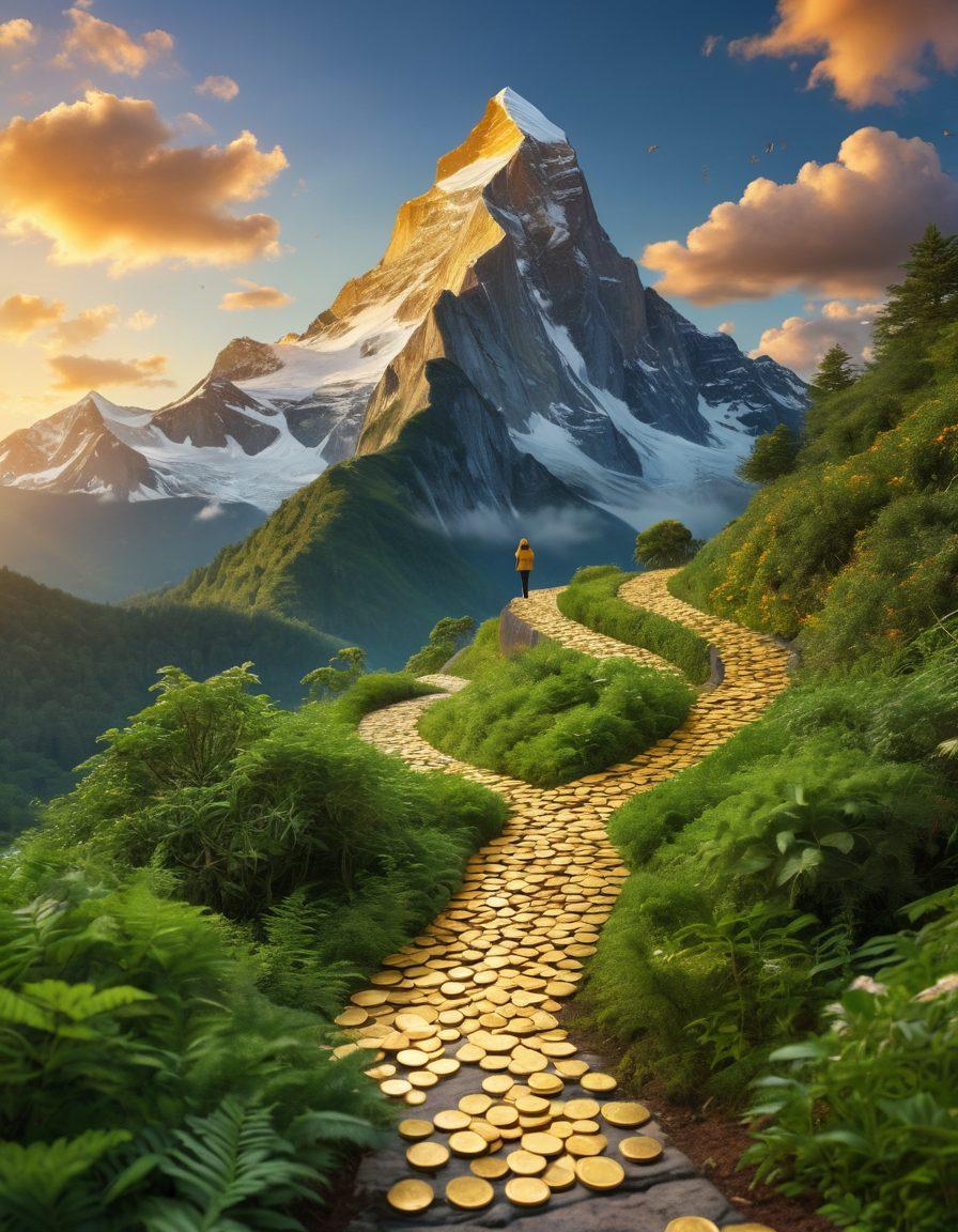 A serene mountain peak with a winding path symbolizing the journey to financial freedom, surrounded by floating gold coins and a liberated person breaking free from chains. The landscape should be lush with greenery representing growth and prosperity, with a bright sky highlighting a sense of hope and relief. super-realistic. vibrant colors.